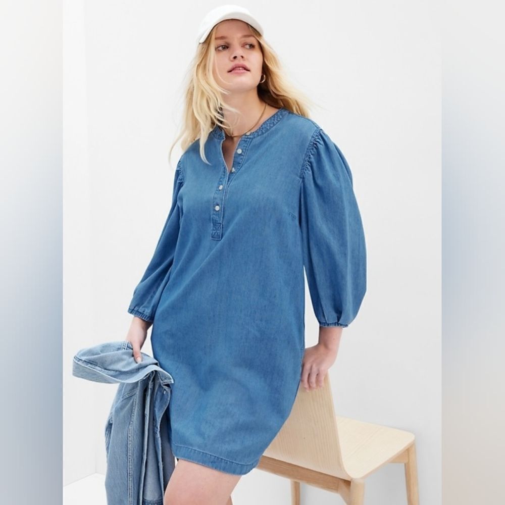 GAP Medium Wash Denim 3/4 Length Puff Sleeve Dress Size L
